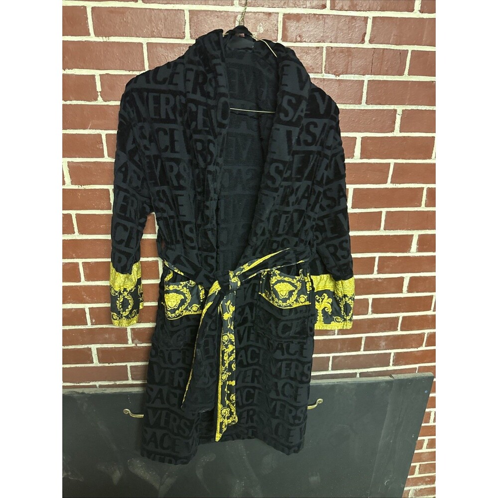 Versace I Heart Baroque Bathrobe Black Gold Logo Jacquard Belted Made Italy
